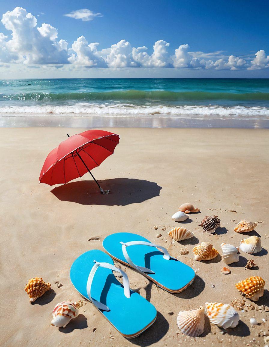 A serene beach scene with various colorful seashells scattered on the sandy shoreline, reflecting the warm sunlight. In the background, gentle waves lap against the shore, with a clear blue sky and fluffy white clouds. A beach umbrella and a pair of flip-flops add a touch of joy and relaxation, inviting the viewer to embrace the coastal lifestyle. super-realistic. vibrant colors. soft focus.