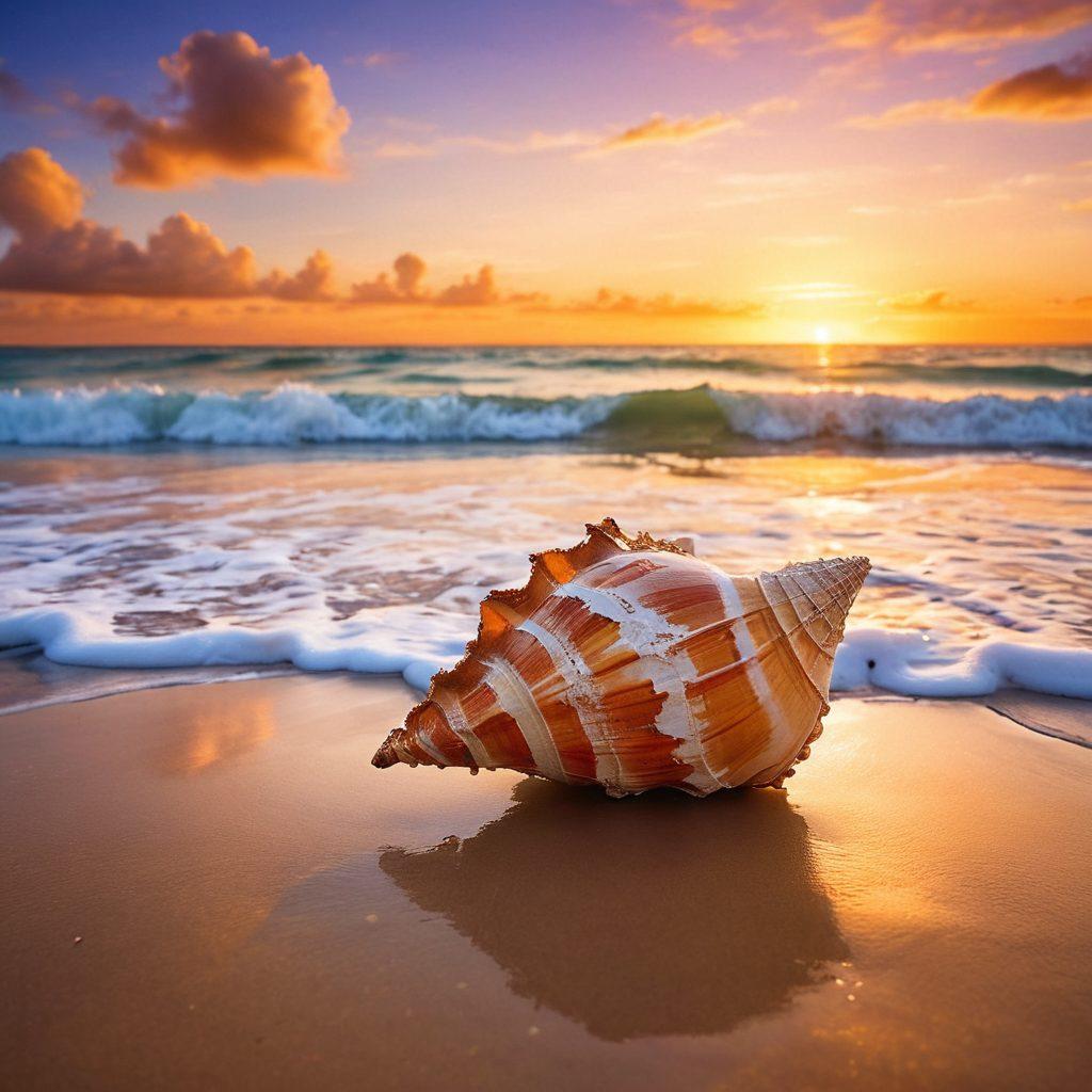 A tranquil beach scene featuring an intricately detailed conch shell in the foreground, with gentle waves lapping at the shore. In the distance, a vibrant sunset casts warm hues over the water, while a group of people joyfully embrace the coastal atmosphere, engaging in activities like beach volleyball and sunbathing. The overall mood is one of elation, tranquility, and seaside fun. painting. vibrant colors. serene atmosphere.