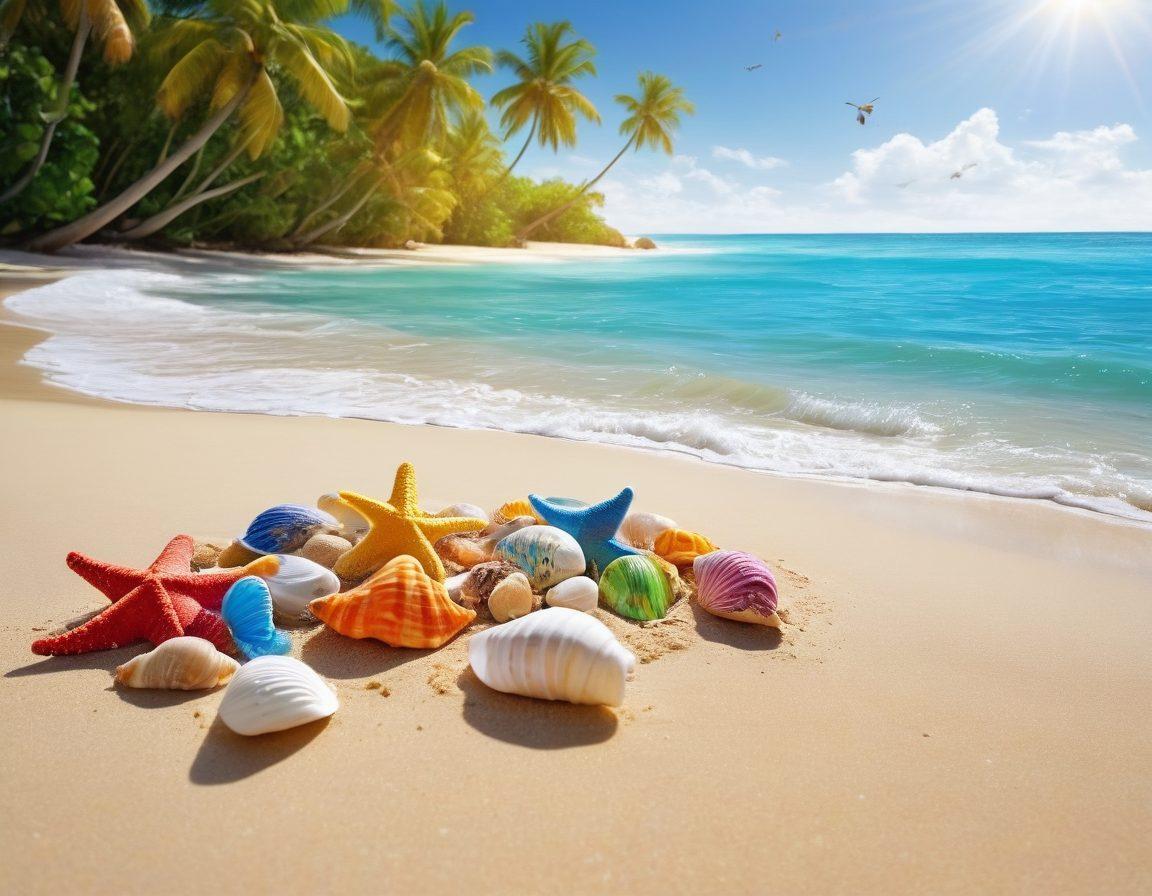 A vibrant beach scene filled with an array of colorful seashells scattered on golden sand, sparkling under a bright sun. Gentle waves lap at the shore, with a backdrop of lush green palm trees swaying in a light breeze. A few playful dolphins leap in the distance, adding a sense of tranquility and joy. Include butterflies fluttering around, emphasizing the magic of marine living. bright and cheerful colors. super-realistic. vibrant colors. white background.